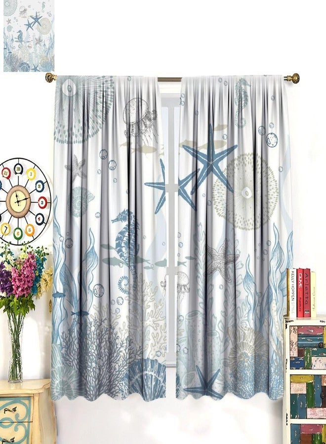 SENRUEGT Nautical Coastal Curtains,Nautical Beach Starfish Seashell Blue Curtains Summer Ocean Window Treatment Drapes for Living Room Bedroom 42x63in - Image 4
